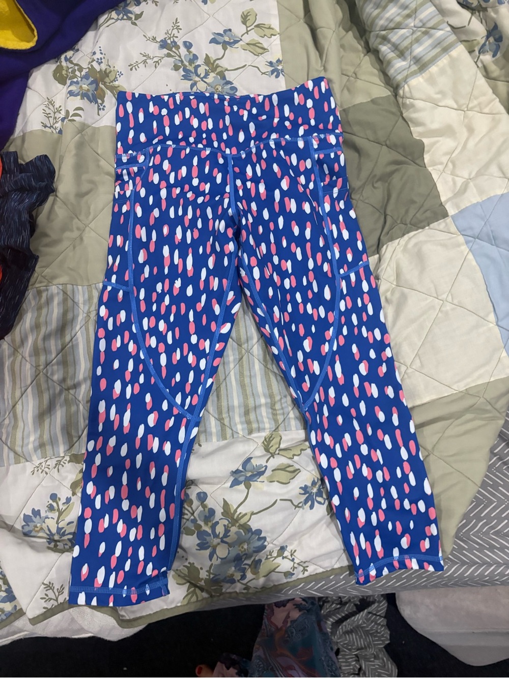 Blue CLeggings with Pink & White Dot Print